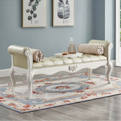European Fabric Leather Wood Shoe Bench — Beige - Leather
