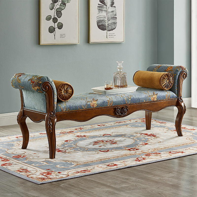 European Fabric Leather Wood Shoe Bench — Blue Seat + White Frame - Fabric