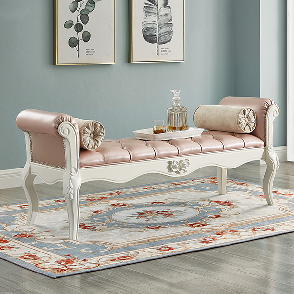 European Fabric Leather Wood Shoe Bench — Blue Seat + Brown Frame - Fabric