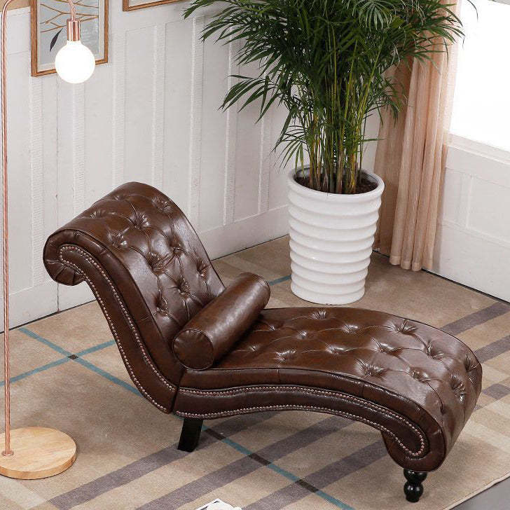 European Wood Velvet Leather Chaise Lounge — Black - Leather