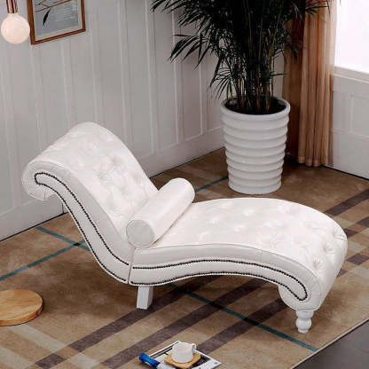 European Wood Velvet Leather Chaise Lounge — Dark Blue - Leather