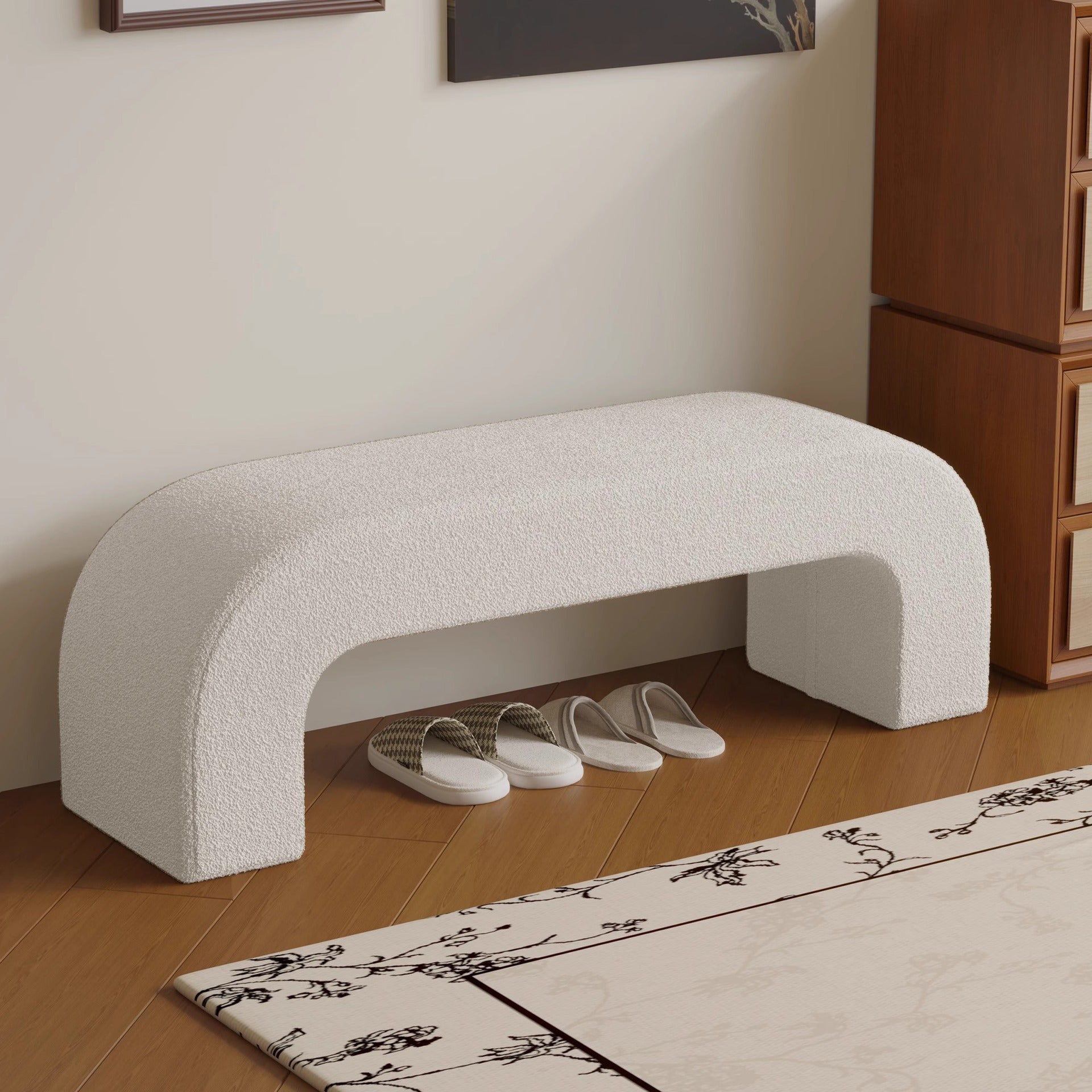 Minimalist Wood Lambswool Leather Bench