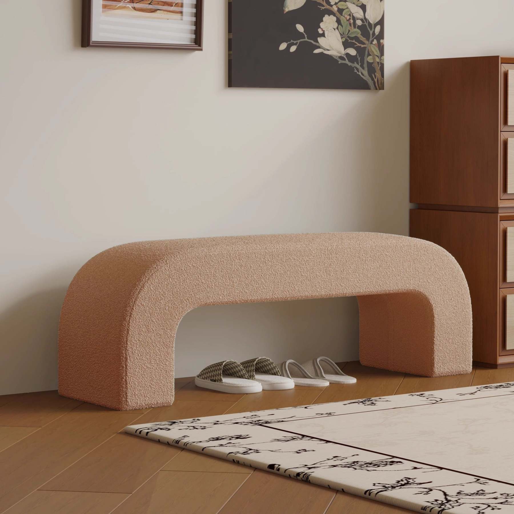 Minimalist lambswool gray leather footstools, Lighom — 23.62" L x 15.75" W x 16.93" H / Khaki