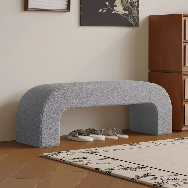 Minimalist Wood Lambswool Leather Bench — Khaki - Lambswool