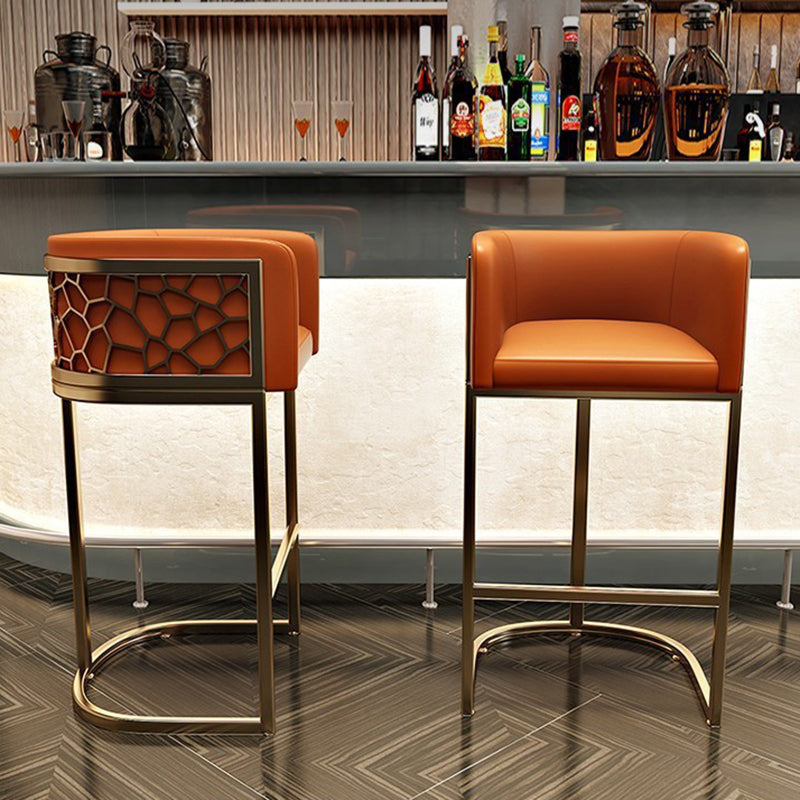 Modern Leather Metal Curved Oval Bar Stool — Orange / Black