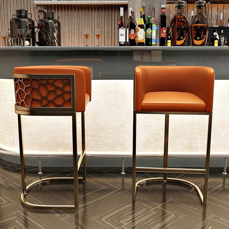 Modern Leather Metal Curved Oval Bar Stool — Orange / Black