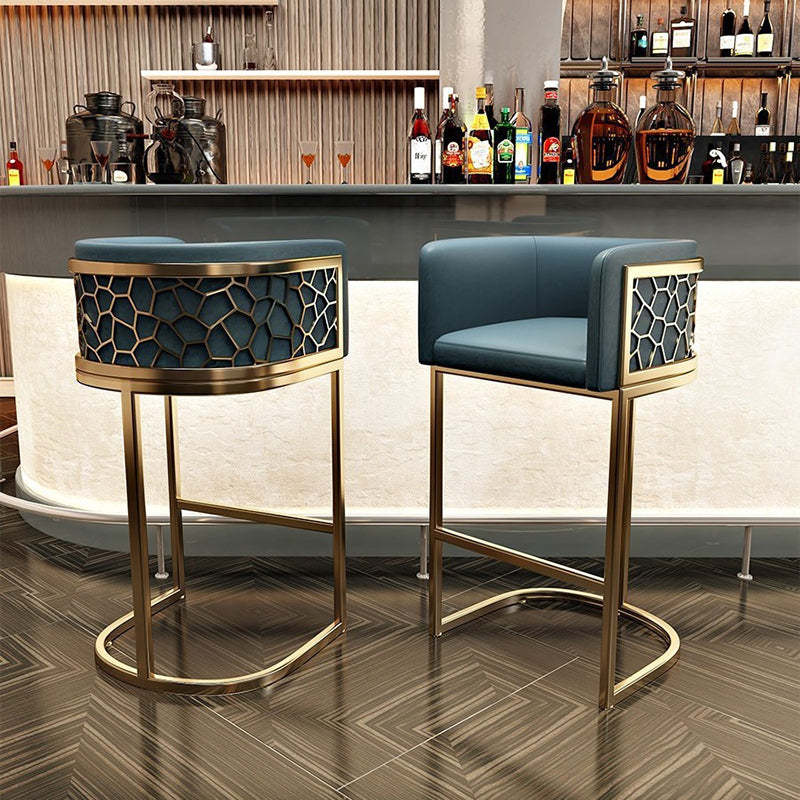 Modern Leather Metal Curved Oval Bar Stool — Light Gray / Gold