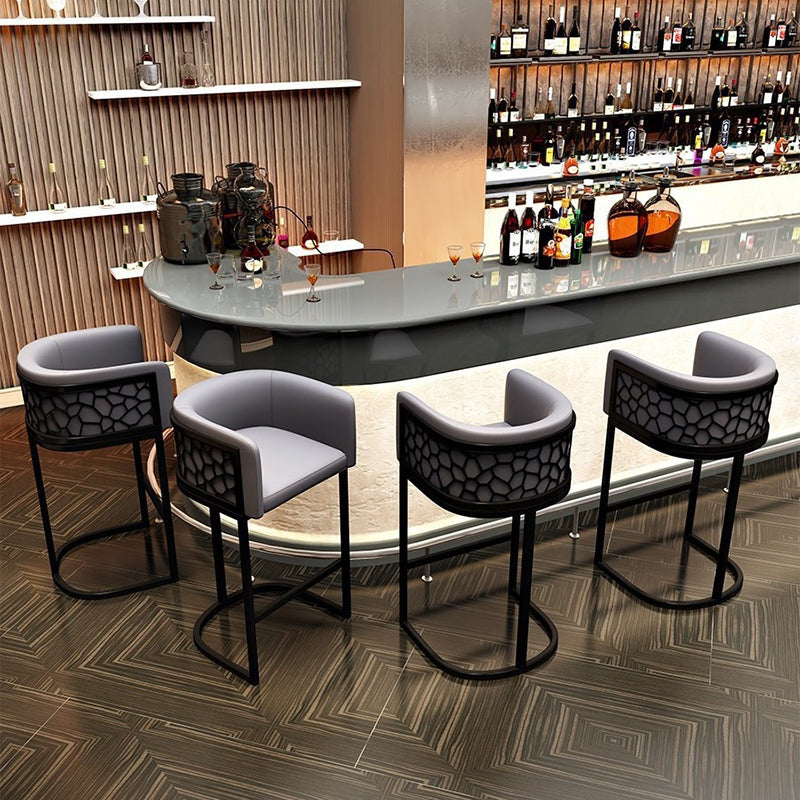 Modern Leather Metal Curved Oval Bar Stool — Orange / Black