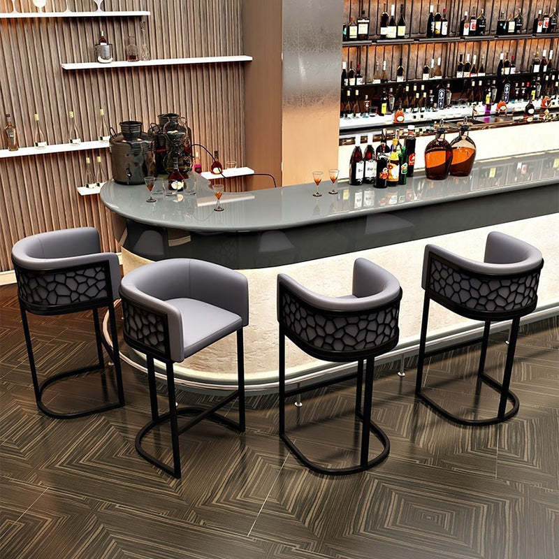 Modern Leather Metal Curved Oval Bar Stool — Orange / Black