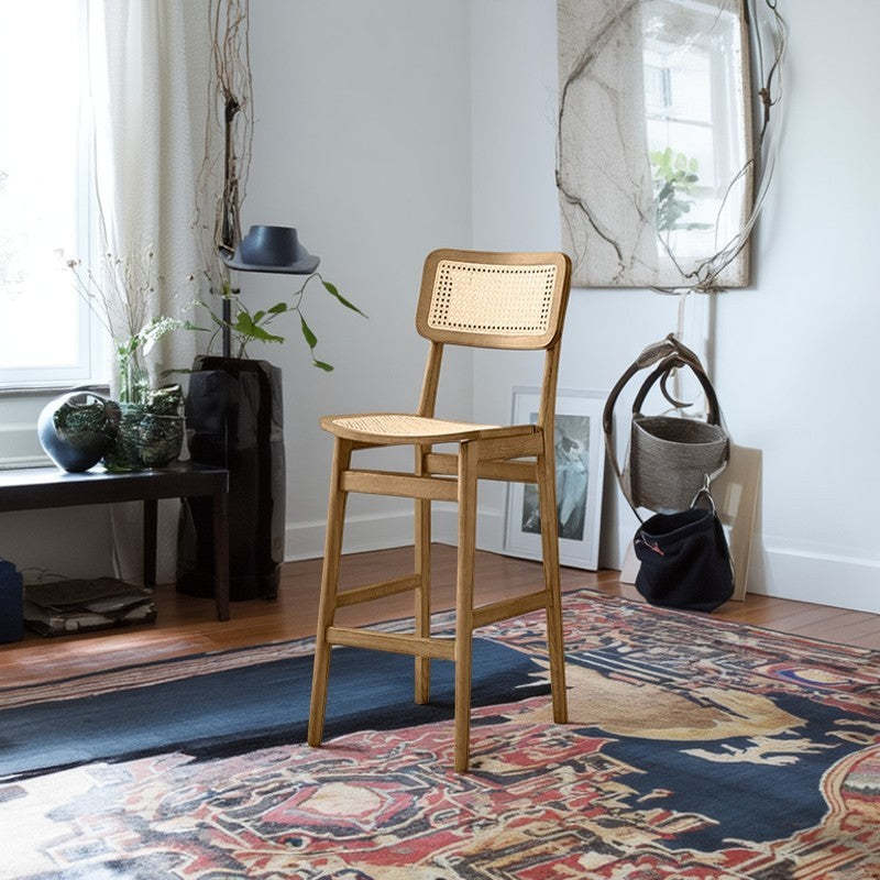 Japanese Woven Ash Wood Rattan Bar Stool