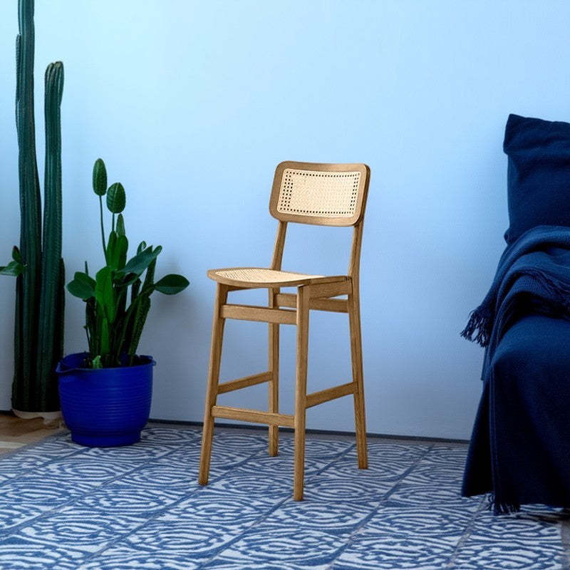 Japanese Woven Ash Wood Rattan Bar Stool