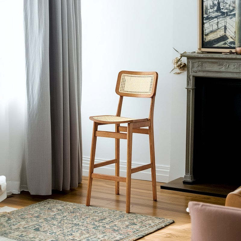Japanese Woven Ash Wood Rattan Bar Stool