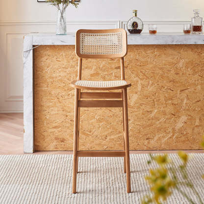 Japanese Woven Ash Wood Rattan Bar Stool