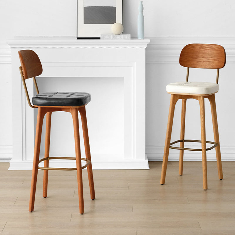 Industrial Wood Leather Square Bar Stool — White Seat + Wood Frame