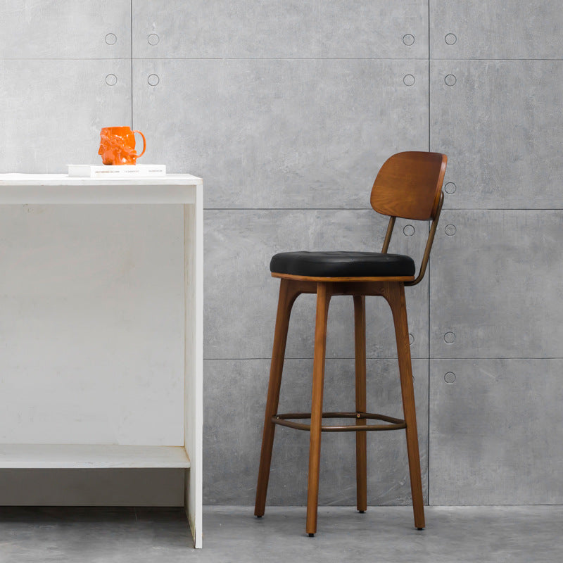 Industrial Wood Leather Square Bar Stool — Black Seat + Walnut Frame