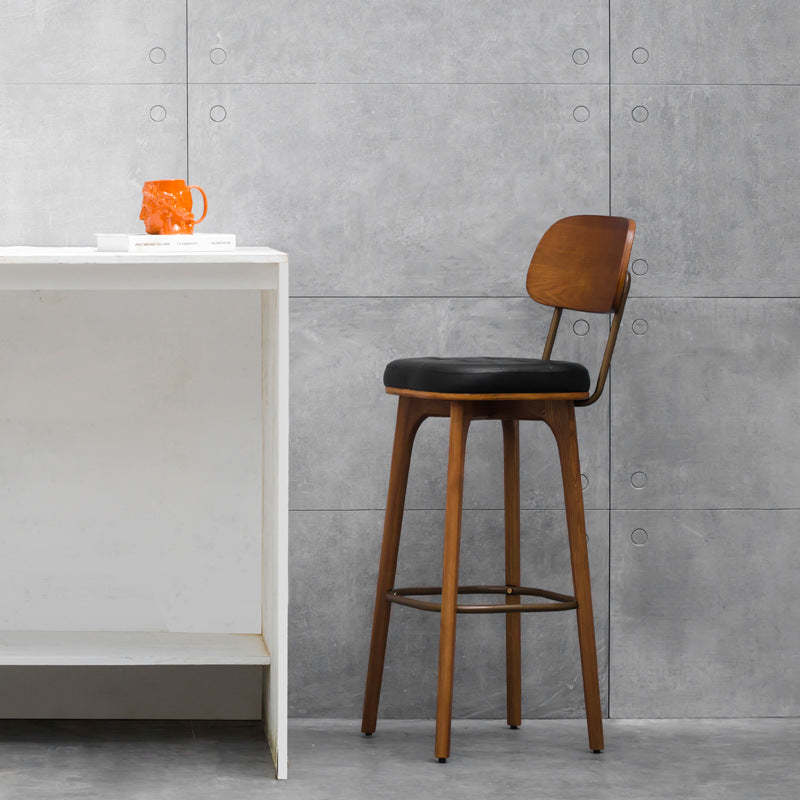 Industrial Wood Leather Square Bar Stool — Black Seat + Walnut Frame