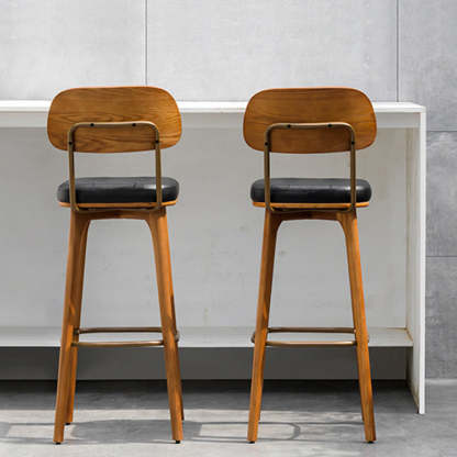 Industrial Wood Leather Square Bar Stool — White Seat + Walnut Frame