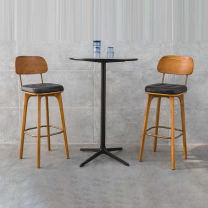 Industrial Wood Leather Square Bar Stool — White Seat + Walnut Frame