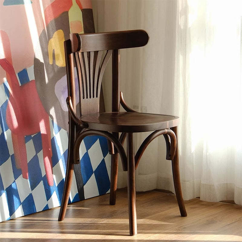 Retro Beech Wood Fabric Rattan Leather Dining Chair — Walnut - Leather