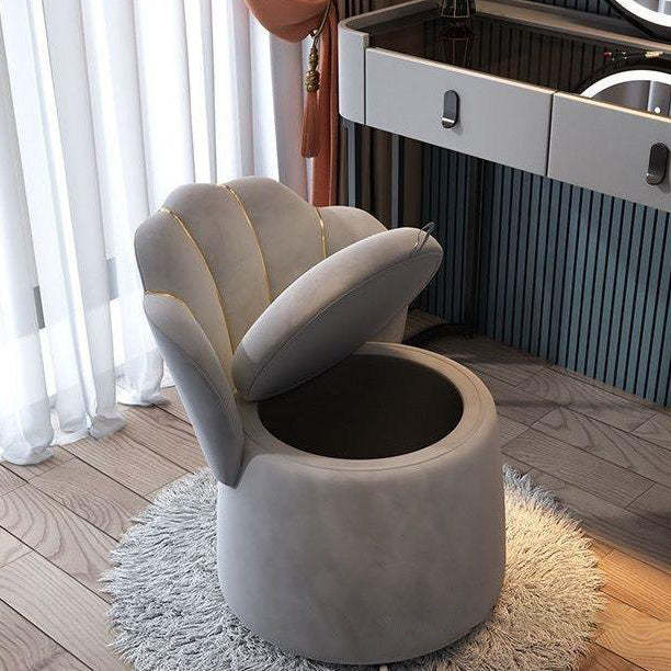 Nordic Velvet Wood Petal-Back Storage Vanity Stool