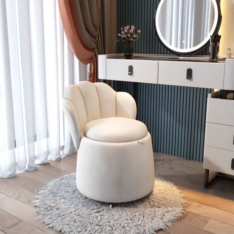 Nordic Velvet Wood Petal-Back Storage Vanity Stool — Without Wheels / Pink