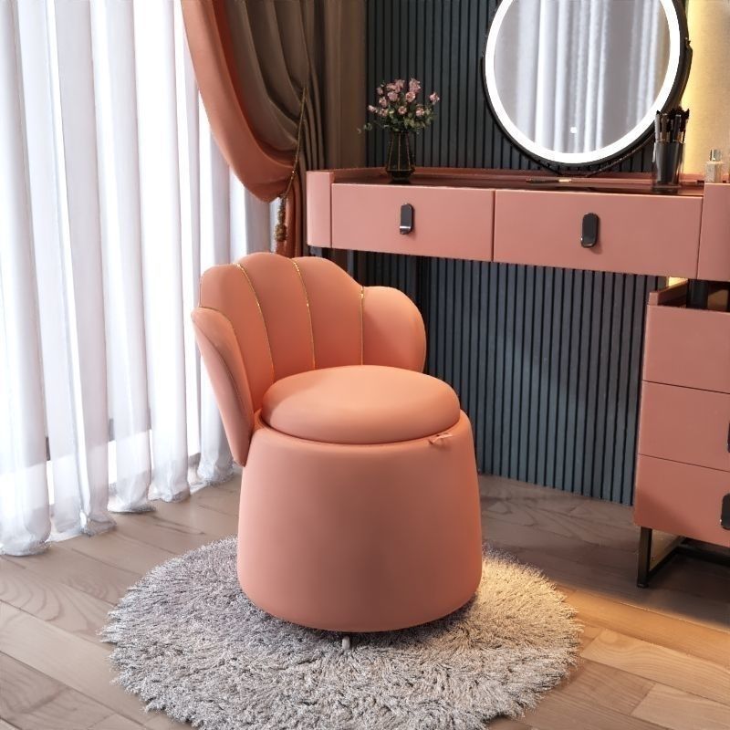 Nordic Velvet Wood Petal-Back Storage Vanity Stool — Without Wheels / Green