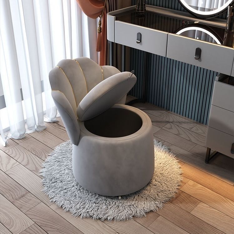 Nordic Velvet Wood Petal-Back Storage Vanity Stool