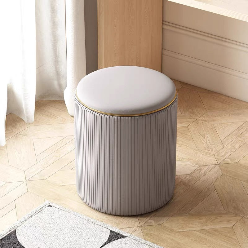 Nordic Leather Wood Round Hidden Storage Vanity Stool — Bird's Eye Light Gray