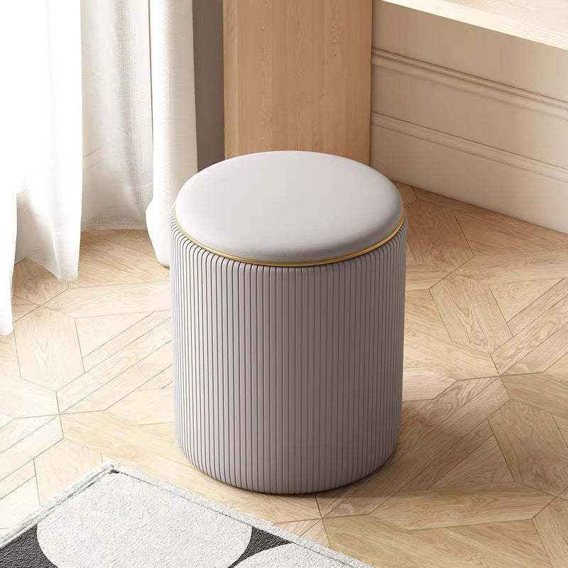 Nordic Leather Wood Round Hidden Storage Vanity Stool — Bird's Eye Light Gray