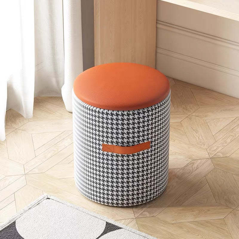 Nordic Leather Wood Round Hidden Storage Vanity Stool — Striped Light Gray
