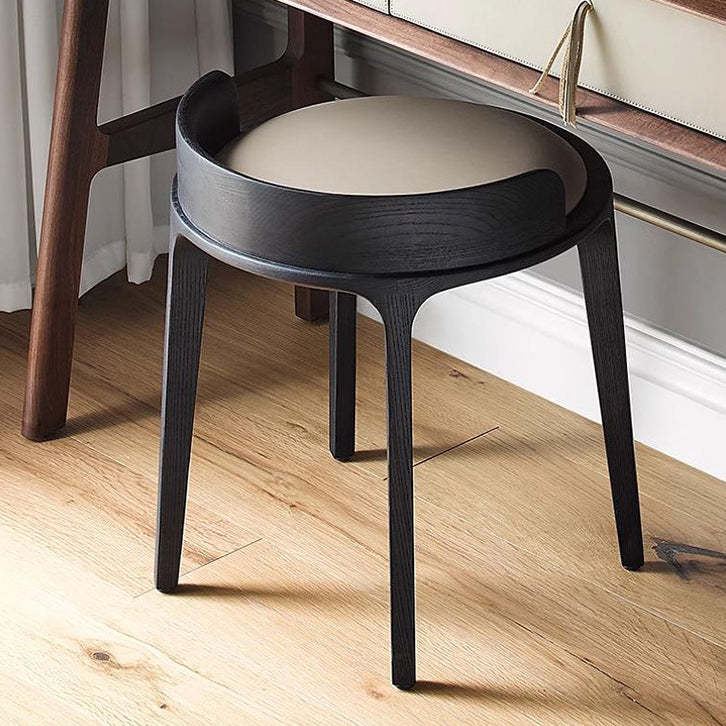 Retro Ash Oak Wood Leather Round Vanity Stool