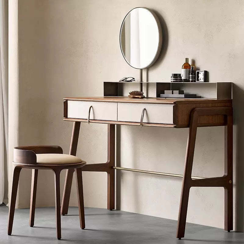 Retro Ash Oak Wood Leather Round Vanity Stool — Oak / Black