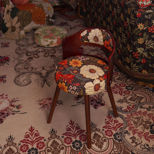 French Beech Wood Fabric Patterned Swivel Vanity Stool — Flamingo