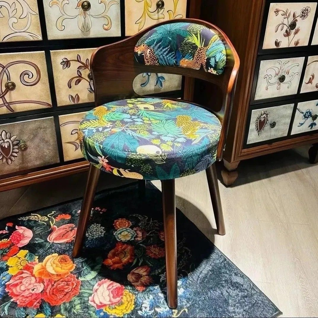 French Beech Wood Fabric Patterned Swivel Vanity Stool