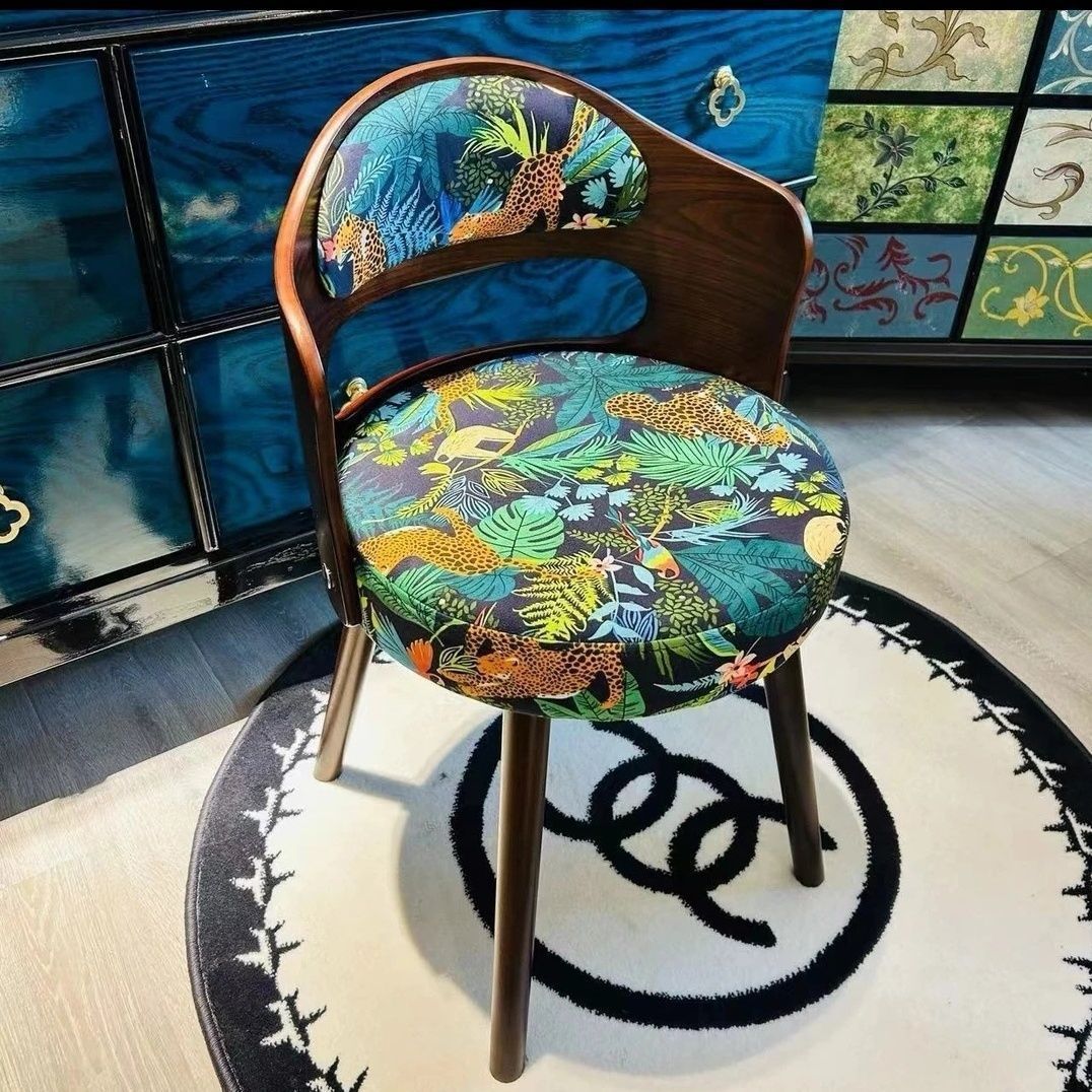 French Beech Wood Fabric Patterned Swivel Vanity Stool