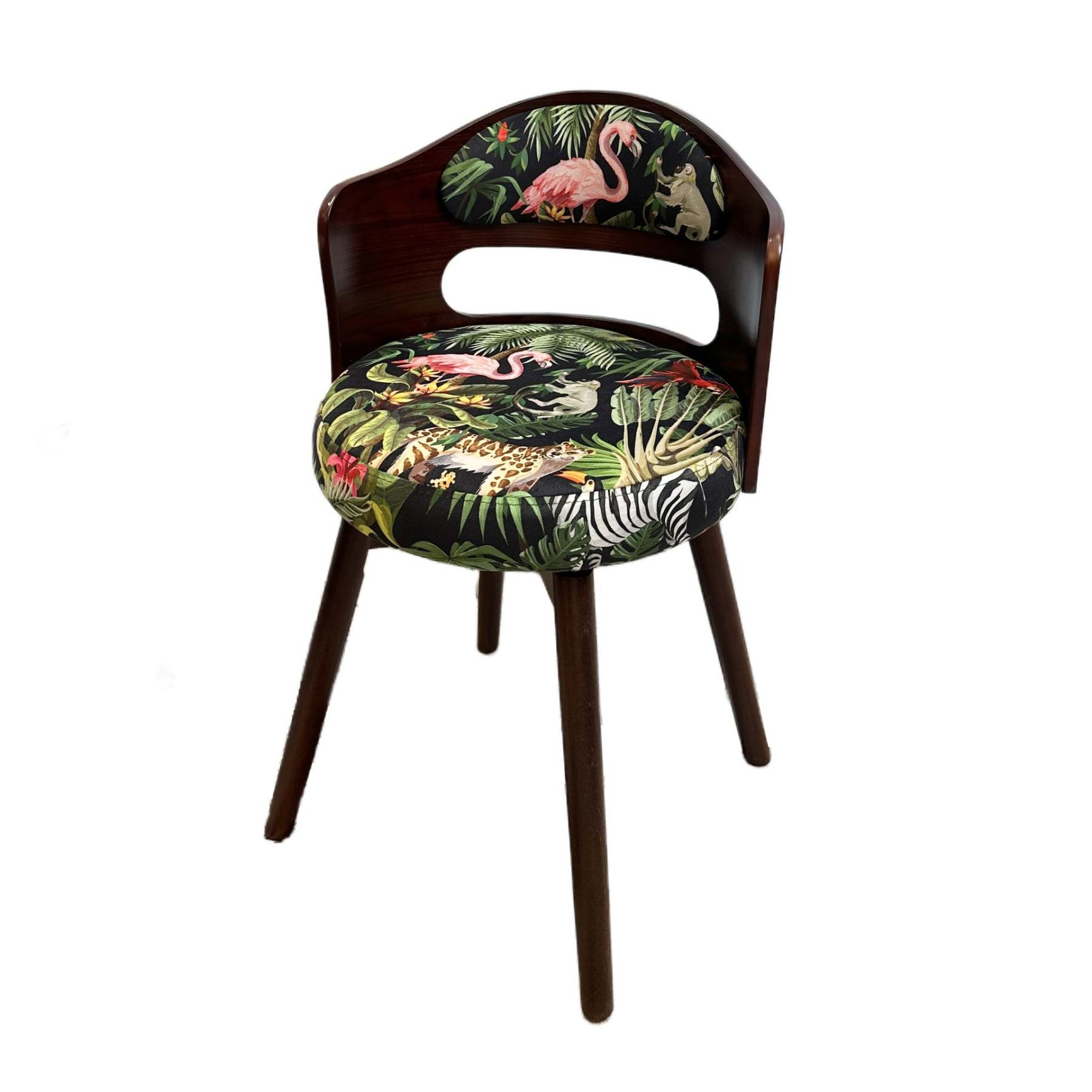 French Beech Wood Fabric Patterned Swivel Vanity Stool