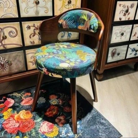 French Beech Wood Fabric Patterned Swivel Vanity Stool