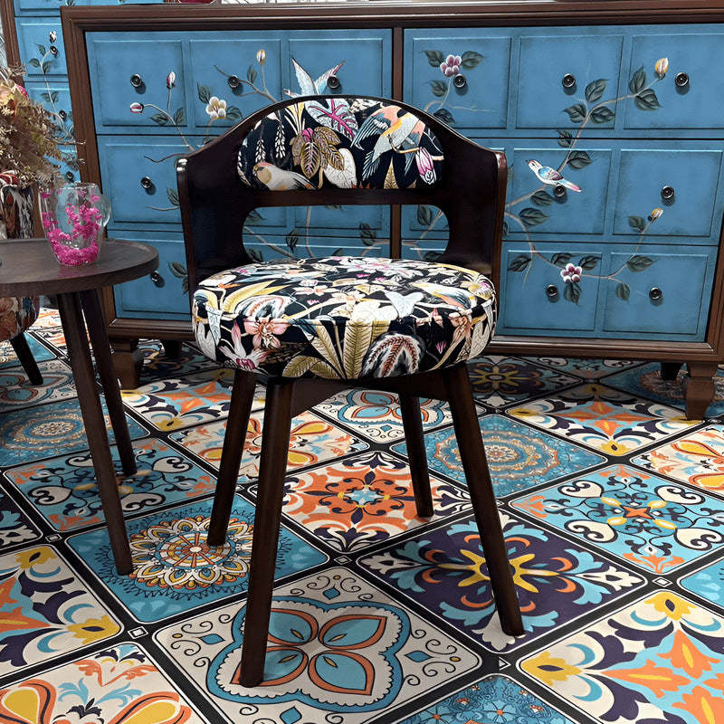 French Beech Wood Fabric Patterned Swivel Vanity Stool