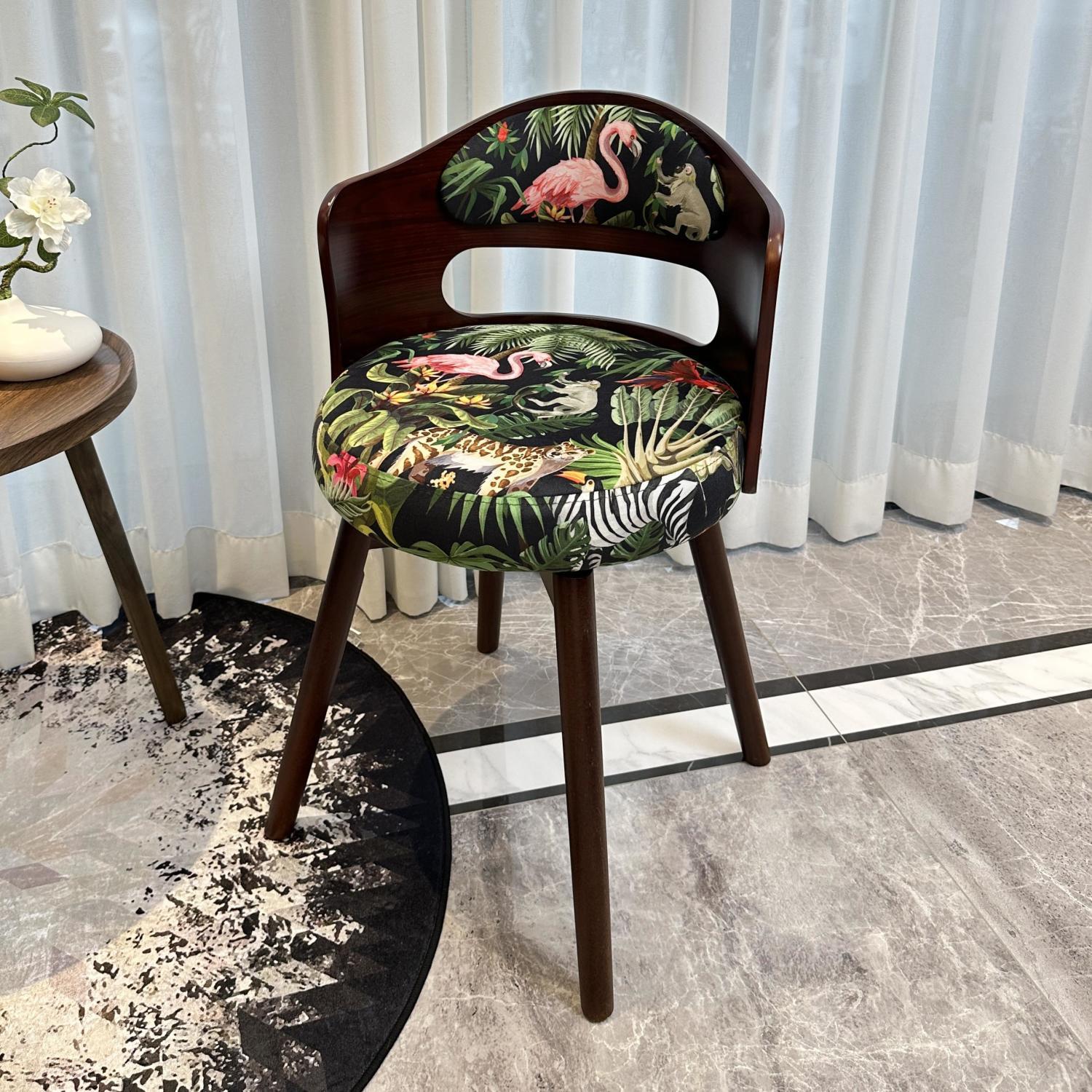French Beech Wood Fabric Patterned Swivel Vanity Stool