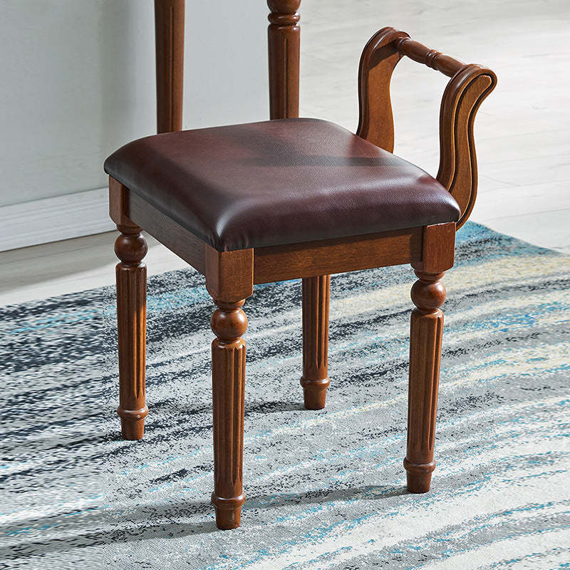 Retro Leather Fabric Wood Jacquard Vanity Stool — Brown / Oak Color
