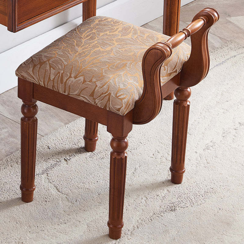 Retro Leather Fabric Wood Jacquard Vanity Stool — Green / Oak Color