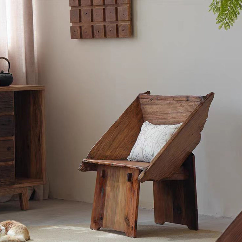 Vintage Elm Wood Square Lounge Chair — Natural Wood Color