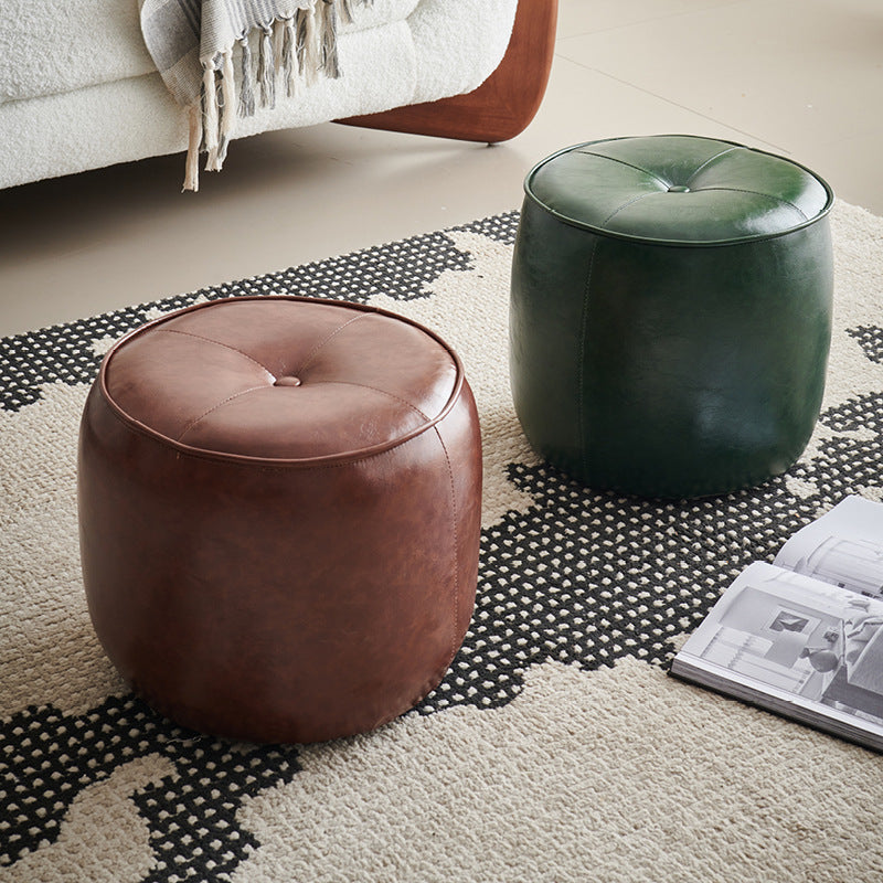 Retro Leather Wood Round Stackable Button Footstool — B / Coffee Color