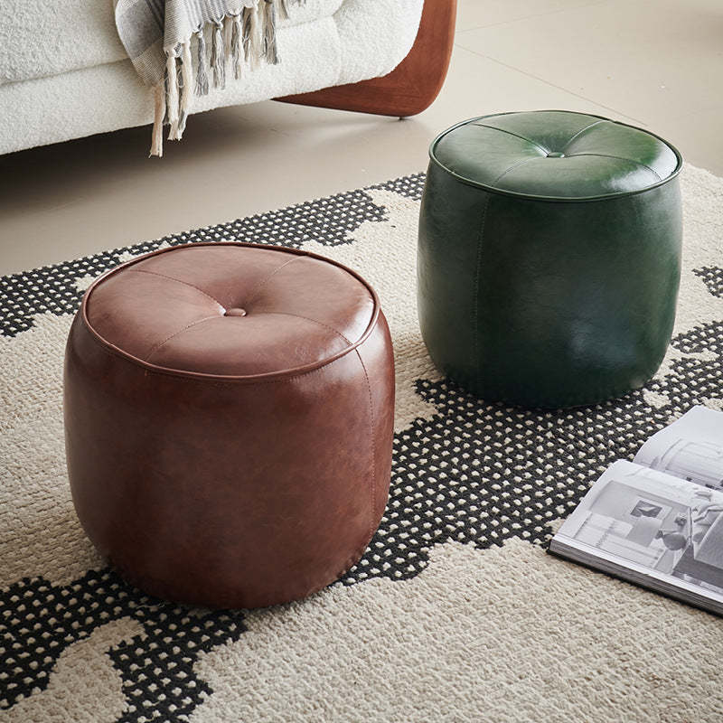 Retro Leather Wood Round Stackable Button Footstool — B / Coffee Color