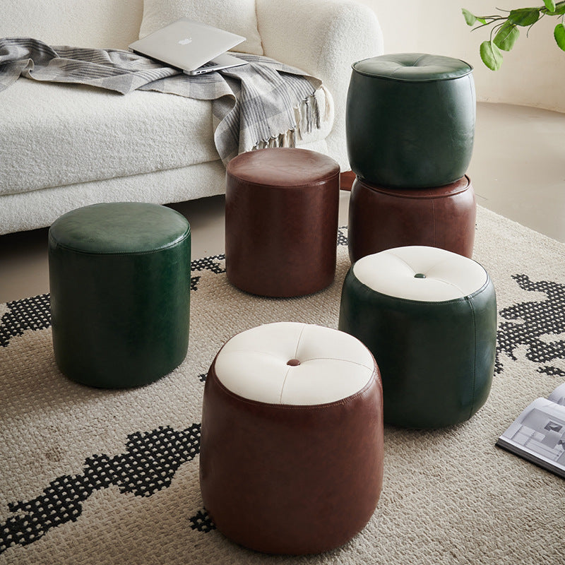 Retro Leather Wood Round Stackable Button Footstool