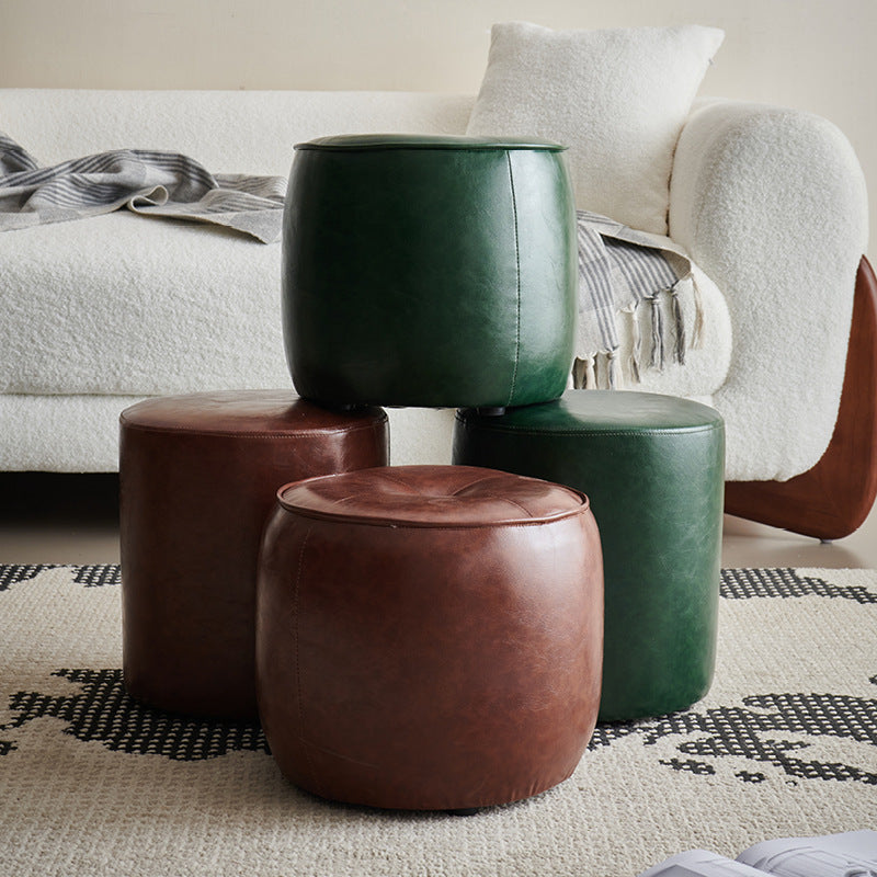 Retro Leather Wood Round Stackable Button Footstool — C / Green