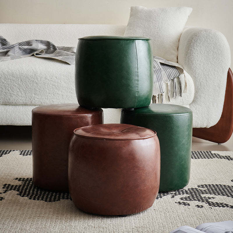 Retro Leather Wood Round Stackable Button Footstool — C / Green