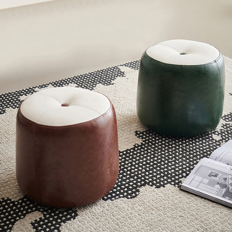 Retro Leather Wood Round Stackable Button Footstool — B / Green