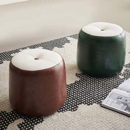 Retro Leather Wood Round Stackable Button Footstool — B / Green