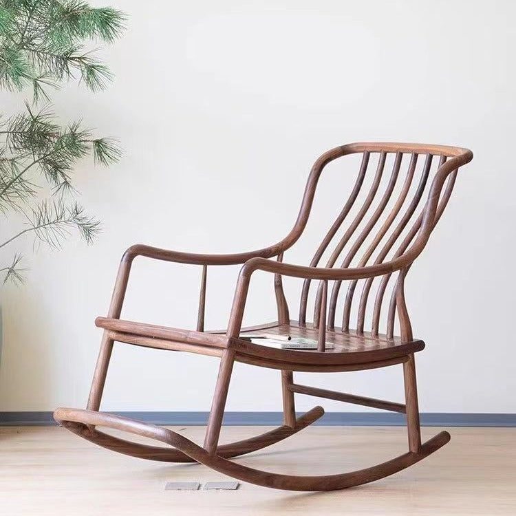 Chinese Elm Wood Linear Square Rocking Chair — Natural Wood Color